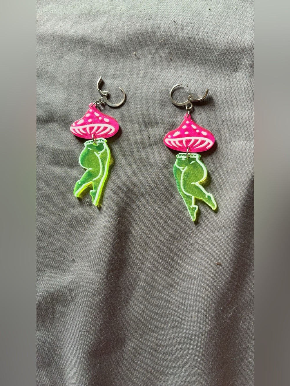Whimsical Mushroom Dangle Earrings in Pink & Neon Green